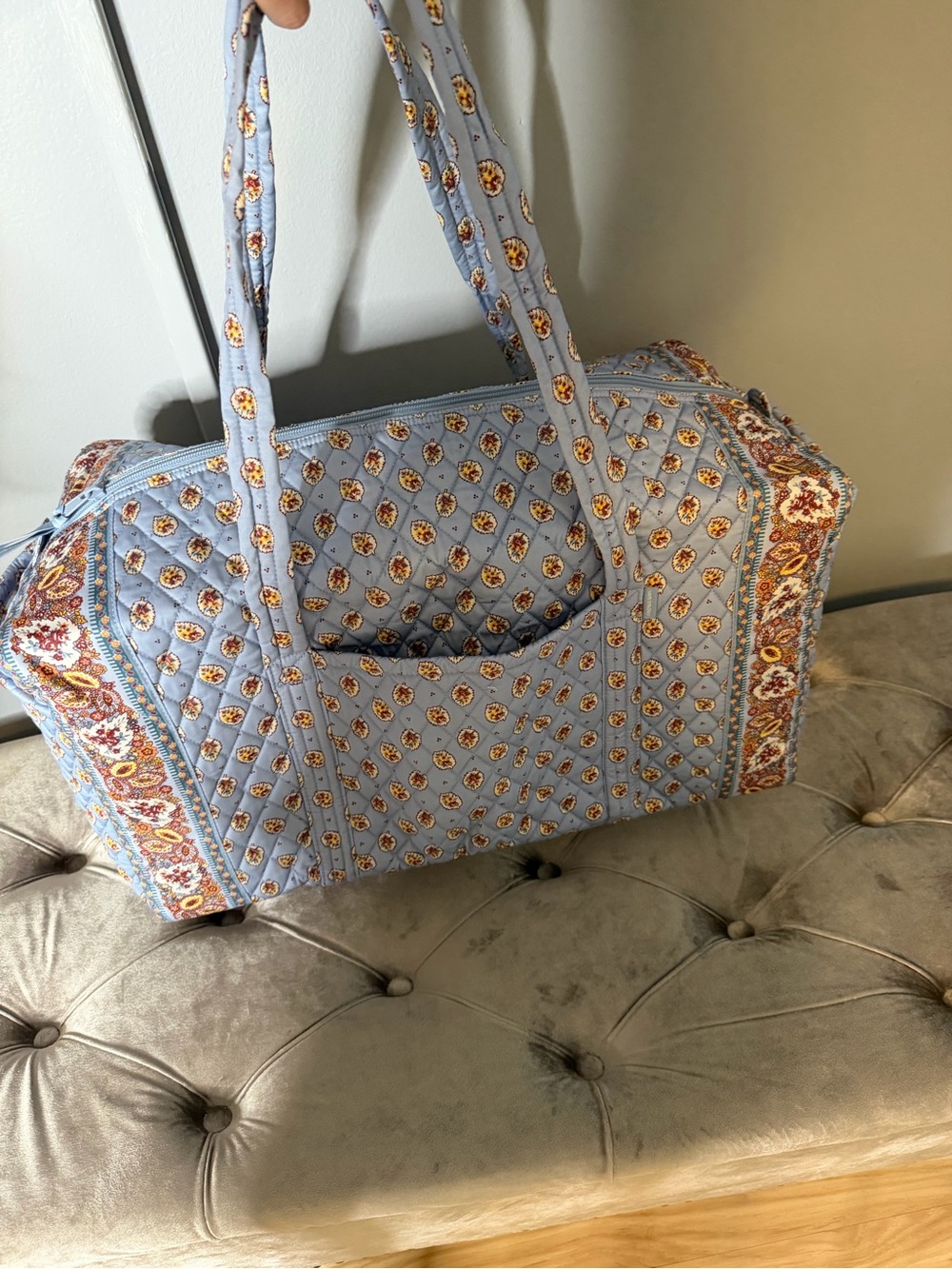 Vera Bradley Large Original Duffel Blue Leaf Premium Cotton Weekender - Picture 10 of 11
